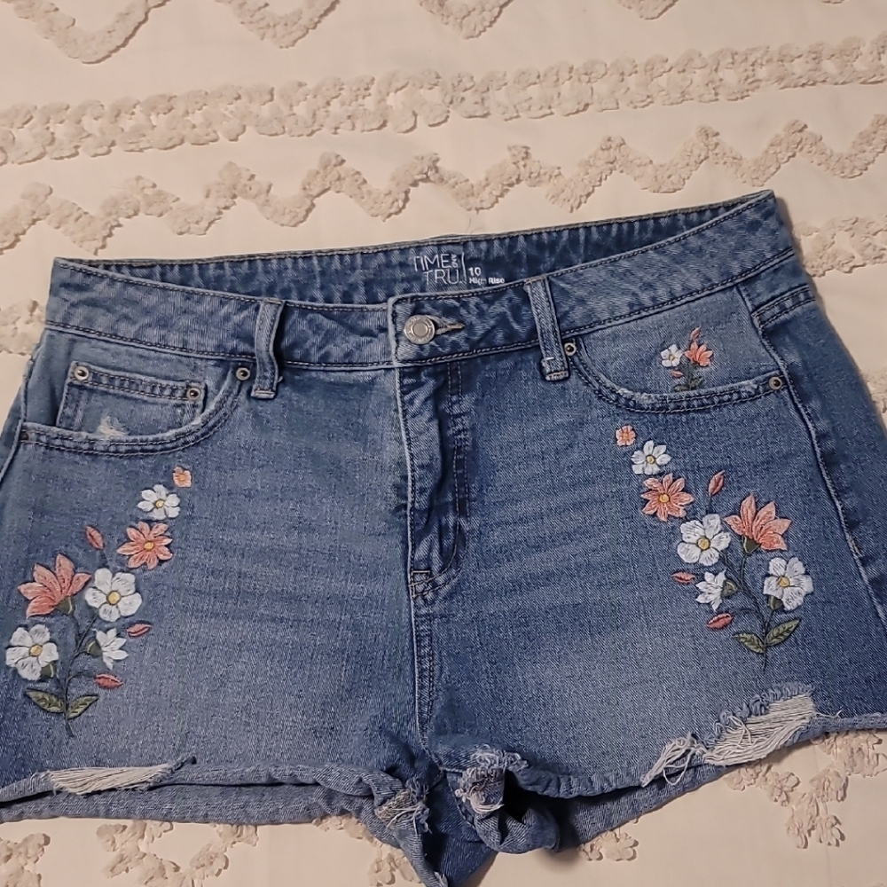 Time and Tru Blue Jean Shorts with Floral Embroidery